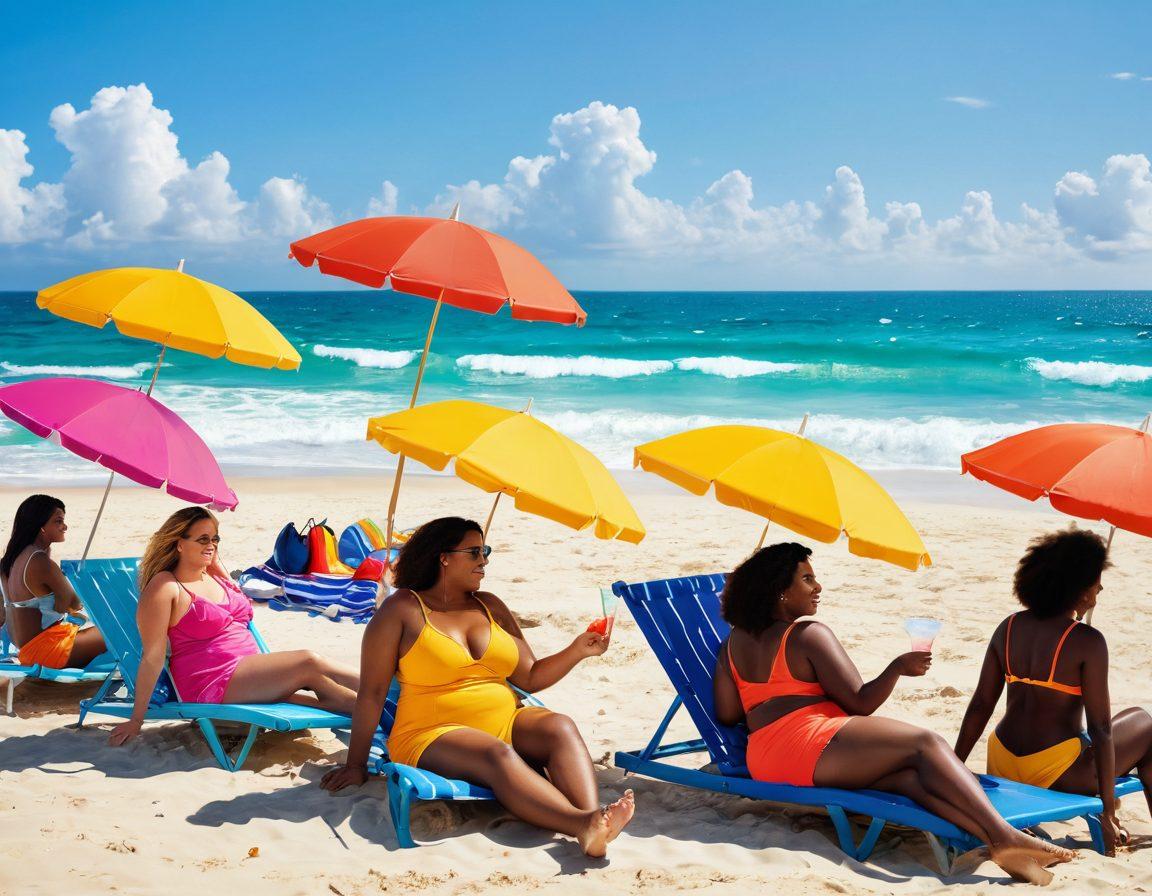 A vibrant beach scene transformed from somber tones to bright, lively colors, featuring diverse individuals joyfully wearing stylish beachwear that celebrates body positivity. Include beach umbrellas, sun loungers, and waves in the background, creating an atmosphere of happiness and acceptance. Capture the contrast between the initial melancholy and the exuberant joy. bright colors, super-realistic, sunny atmosphere.