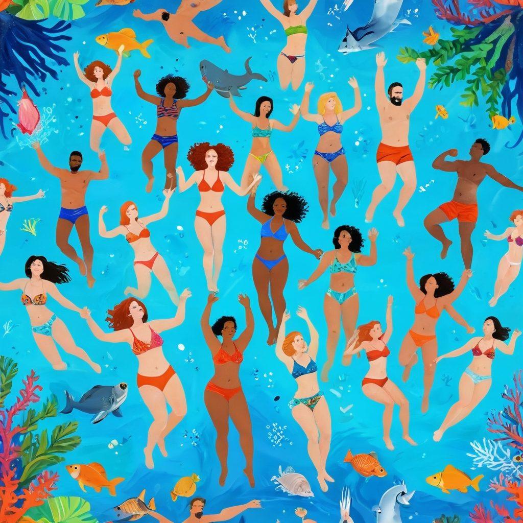 A joyful scene illustrating diverse individuals of various body types and genders, wearing colorful swimsuits, splashing in crystal-clear water. Surround them with vibrant coral reefs and bright sea creatures, symbolizing neurodiversity and mental wellness. The image should evoke a sense of freedom and celebration, showcasing unity in diversity. super-realistic. vibrant colors. underwater theme.